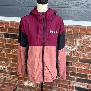 PINK Victoria's Secret Colorblock Windbreaker Jacket M/L Maroon Black Pink Hood